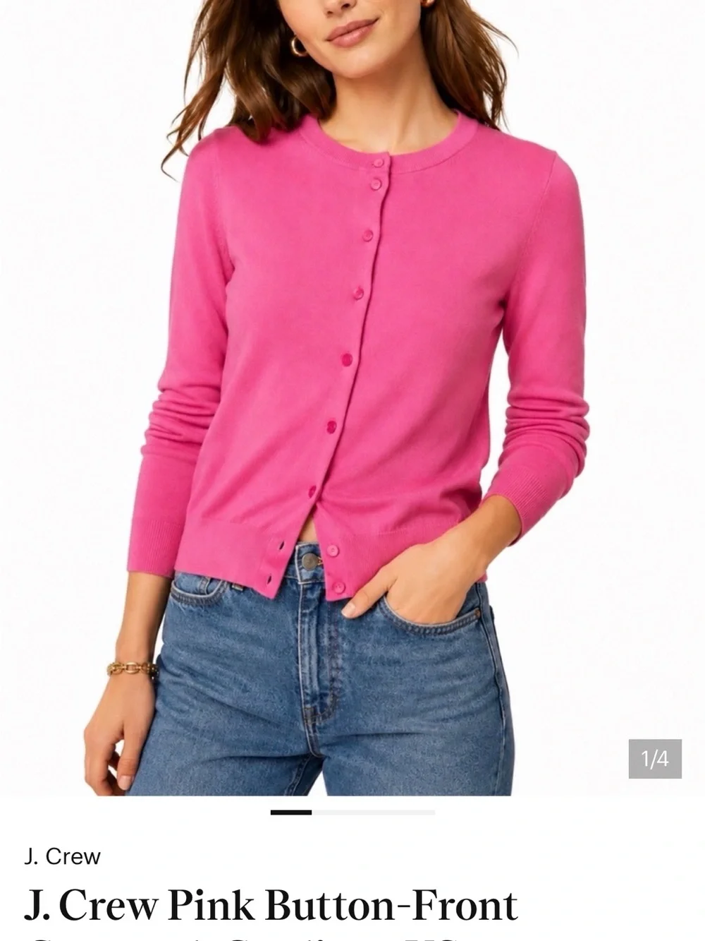 J. Crew Cashmere bright Pink Button-Up Crewneck Cardigan